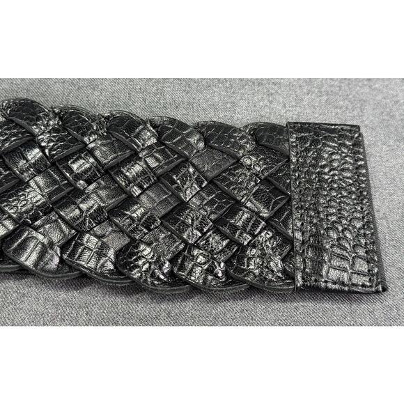 Vintage 1990s Black Woven Leather 3" Wide Elastic Belt - Picture 6 of 13